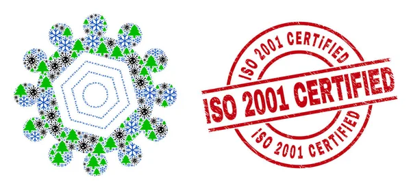 ISO 2001認証されたテキストバッジとコロナウイルス冬のアイコンのギア構成 — ストックベクタ