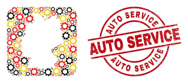 Auto Service Scratched Badge and German Map Stencil Mosaic of Gear Icons in German Flag Colors — Vetor de Stock