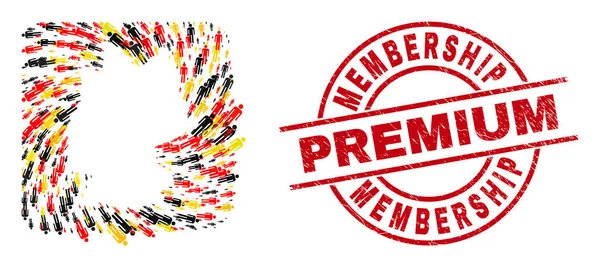 Membership Premium Textured Seal e German Map Stencil Collage of Man Icons in German Flag Colors — Vetor de Stock