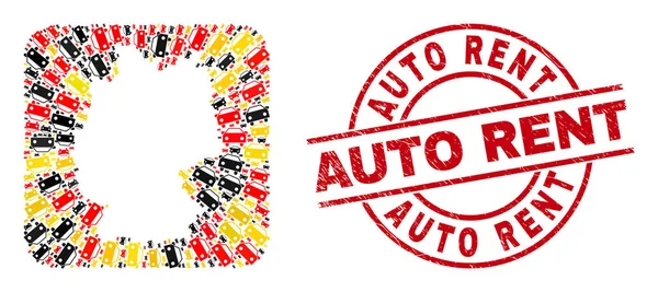 Auto Rent Sello Texturizado y Mapa Alemán Hoyo Mosaico de iconos de coches en colores de la bandera alemana — Vector de stock