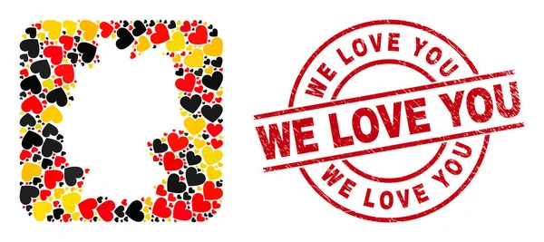 Te amamos Sello rayado Sello y mapa alemán Resta Mosaico de amor Artículos de corazón en colores de bandera alemana — Vector de stock