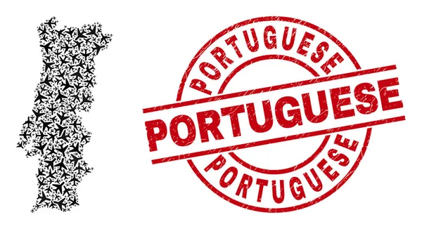 Emblema Português Arranhado e Portugal Mapa Aviação Mosaico — Vetor de Stock