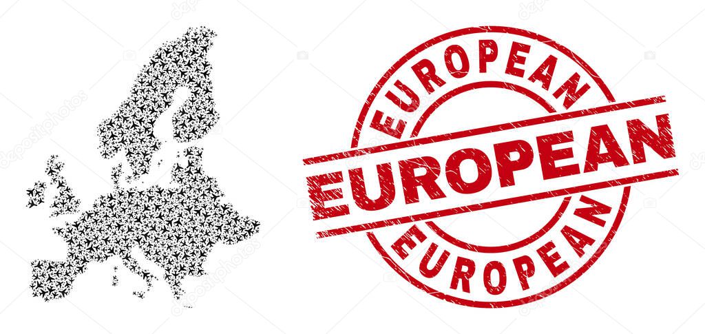 European Grunge Stamp Seal and European Union Map Jet Vehicle Mosaic