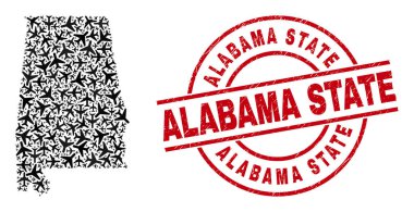 Alabama Eyaleti Lastik Mühür ve Alabama Eyaleti Harita Uçak Kolajı