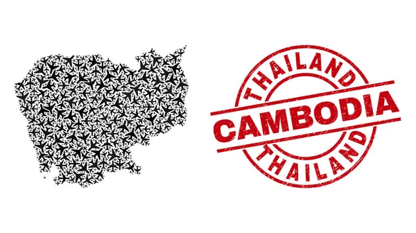 タイカンボジアグランジバッジとカンボジア地図飛行機モザイク — ストックベクタ
