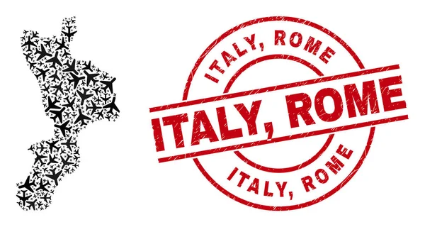 Italië, Rome Rubber Stempel Seal en Calabrië Regio Kaart Luchtvaart Collage — Stockvector