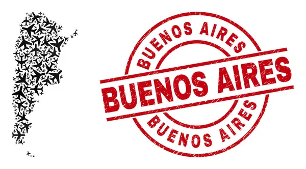 ブエノスアイレスゴムバッジとアルゼンチン地図飛行機モザイク — ストックベクタ