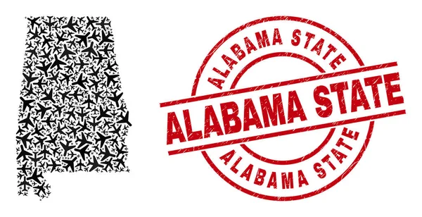 Alabama Eyaleti Lastik Mühür ve Alabama Eyaleti Harita Uçak Kolajı