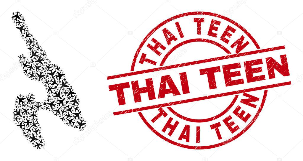 Thai Teen Rubber Stamp Seal and Koh Phi Don Map Aviation Collage
