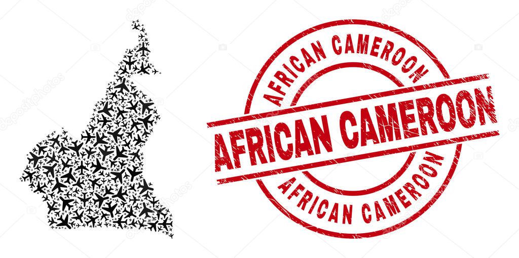 African Cameroon Grunge Stamp Seal and Cameroon Map Aviation Collage