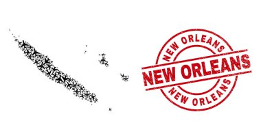 New Orleans Grunge Mühür Mührü ve Yeni Kaledonya Adaları Harita Uçak Mozaiği
