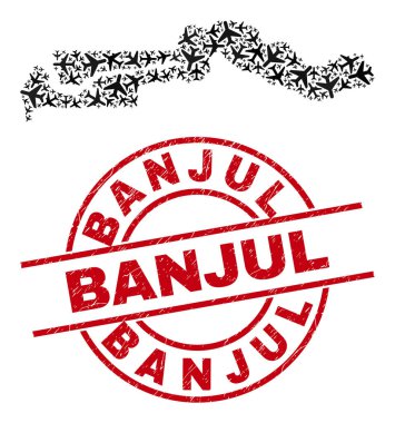 Banjul Grunge Mühür Mührü ve Gambiya Haritası Jet Araç Mozaiği