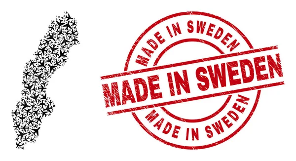 Made in Sweden Scratched Stamp and Sweden Map Aeroplane Mosaic — 스톡 벡터