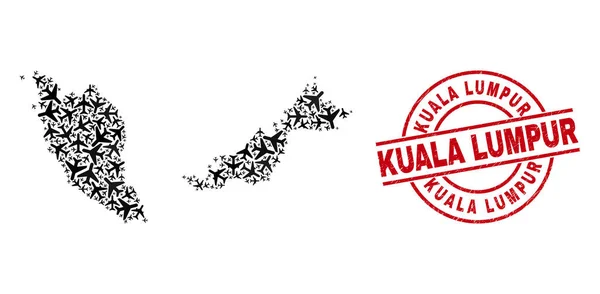 Kuala Lumpur Grunge Stamp Seal e Malesia Mappa Aerei Mosaico — Vettoriale Stock