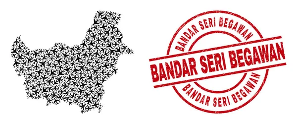 Bandar Seri Begawan Scratched Odznaka i Borneo Mapa Mozaika Sił Powietrznych — Wektor stockowy
