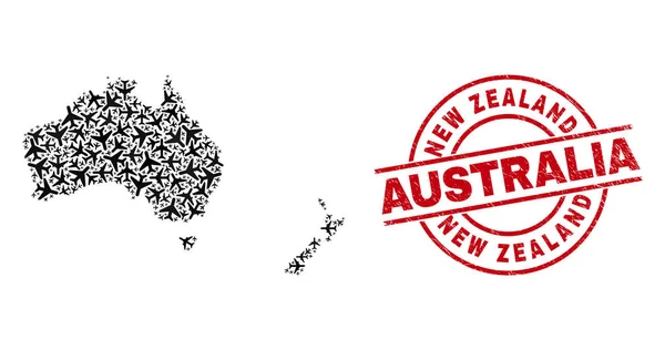 Nova Zelândia Austrália Scratched Stamp Seal e Austrália e Nova Zelândia Mapa Aircraft Collage —  Vetores de Stock