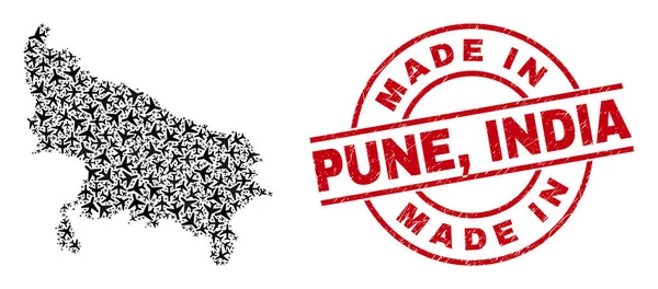 Made in Pune, India Insignia de marca de agua y Uttar Pradesh Mapa del estado Mosaico de avión — Vector de stock