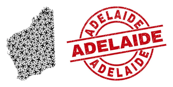 Adelaide Grunge Stamp and Western Australia Map Air Plane Collage — стоковий вектор