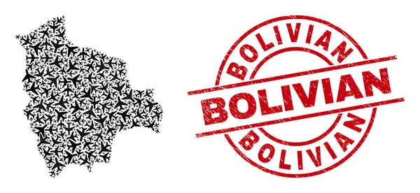 Boliviaanse rubber badge en Bolivia kaart Jet Vehicle Mosaic — Stockvector