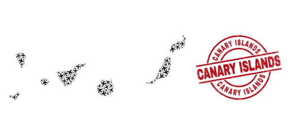 Sello de sello rayado de las Islas Canarias y mapa de las Islas Canarias Collage avión — Vector de stock