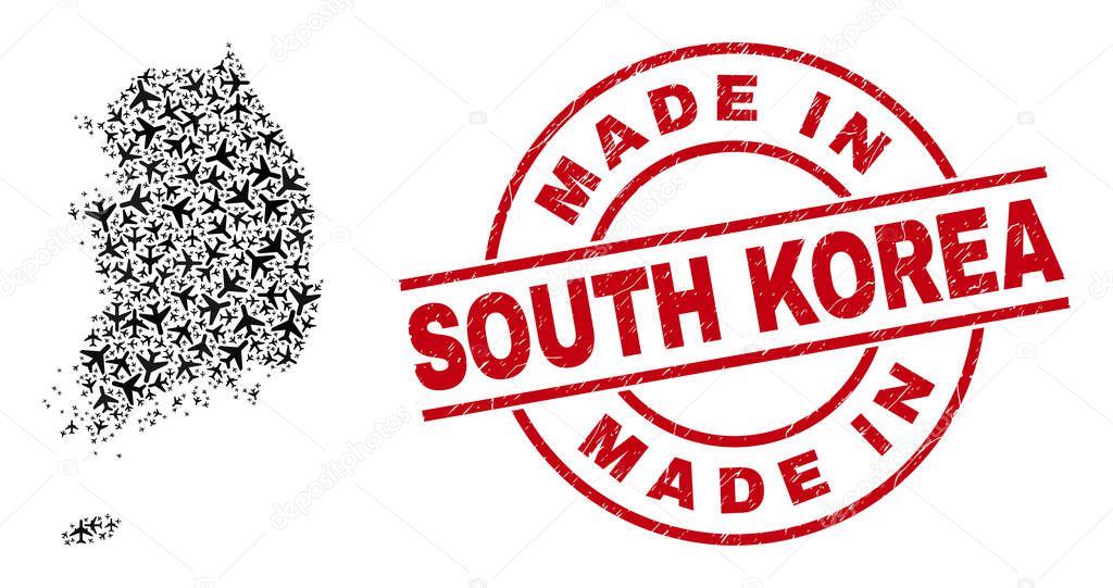 Made in South Korea Watermark Stamp and South Korea Map Aviation Collage