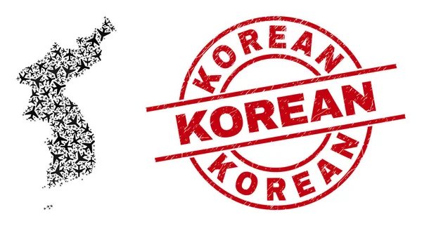 韓国のゴムバッジと韓国地図｜飛行機モザイク — ストックベクタ