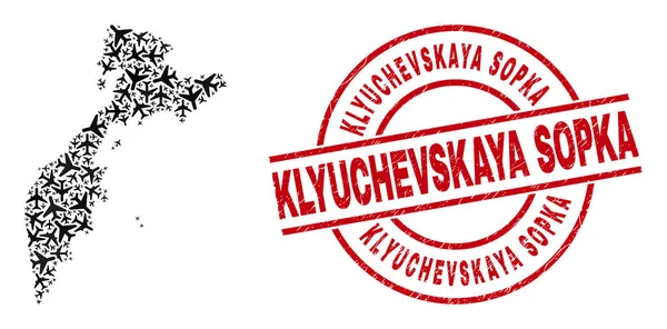 Klyuchevskaya Sopka Sello de goma y Kamchatka Mapa Aeronaves Mosaico — Vector de stock