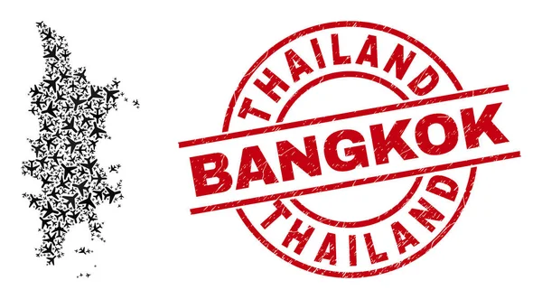 Thailand Bangkok Gummistempel und Phuket Karte Linienflugzeug Collage — Stockvektor