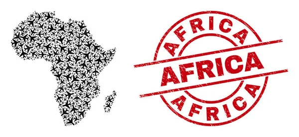 アフリカウォーターマークバッジとアフリカ地図ジェット車両コラージュ — ストックベクタ