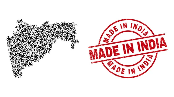 Made in Índia Selo de marca d 'água e Maharashtra State Map Avião Mosaico —  Vetores de Stock