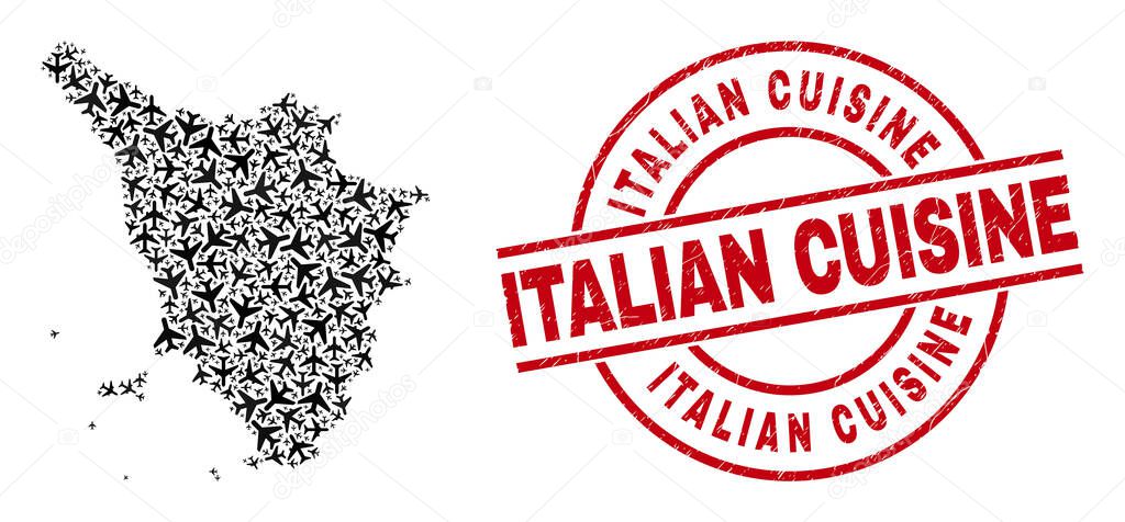 Italian Cuisine Rubber Badge and Tuscany Region Map Aeroplane Collage