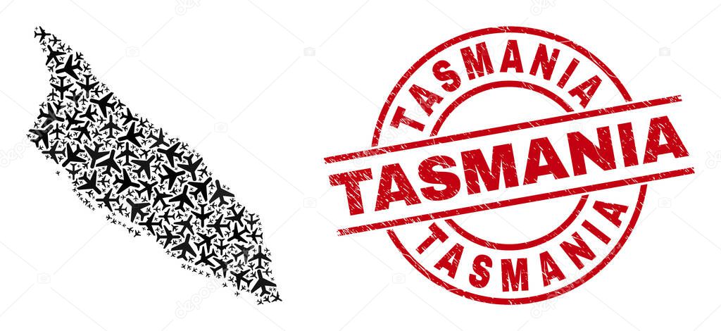 Tasmania Scratched Badge and Aruba Island Map Aeroplane Collage