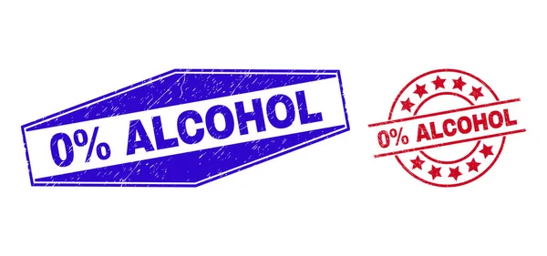 0 por ciento ALCOHOL Sellos texturizados en formas redondas y hexagonales — Vector de stock