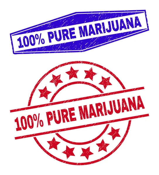 100% PURE MARIJUANA Grunged Seals in runder und sechseckiger Form — Stockvektor