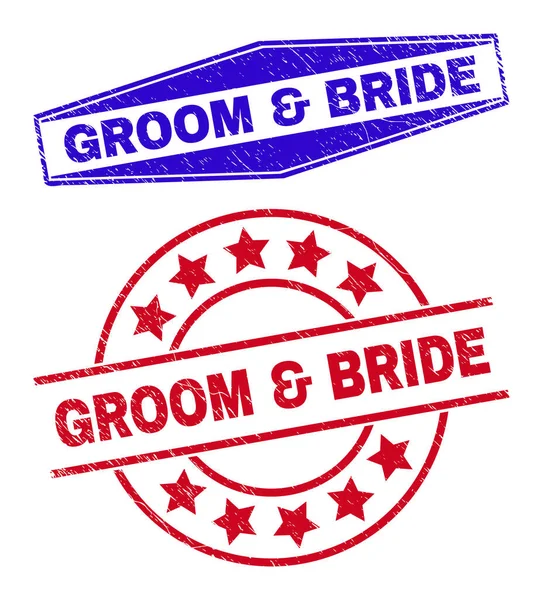 Badges ondulés GROOM et BRIDE en forme ronde et hexagonale — Image vectorielle