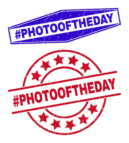 Hashtag PHOTOOFTHEDAY Sceaux de timbre impurs en forme de cercle et hexagonal — Image vectorielle