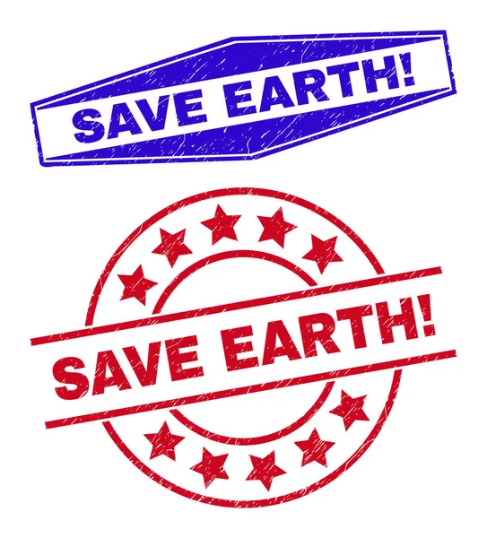 SAVE EARTH Exclamation Grunged Stempel in runden und sechseckigen Formen — Stockvektor