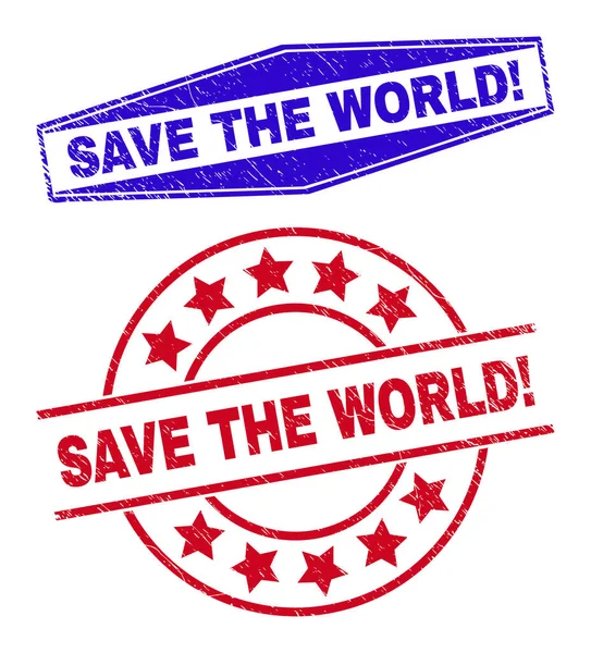 SAVE THE WORLD θαυμαστικό Ακάθαρτη σφραγίδα σε στρογγυλή και εξαγωνική μορφή — Διανυσματικό Αρχείο