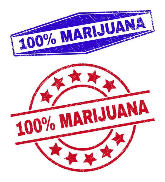 100 τοις εκατό Marijuana καουτσούκ σφραγίδες σε κύκλο και εξάγωνα μορφές — Διανυσματικό Αρχείο