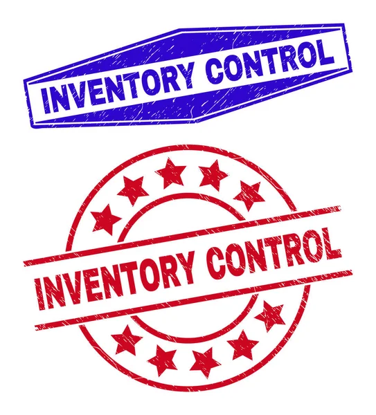 INVENTORY CONTROL Nečisté odznaky ve tvaru kruhu a šestiúhelníku — Stockový vektor