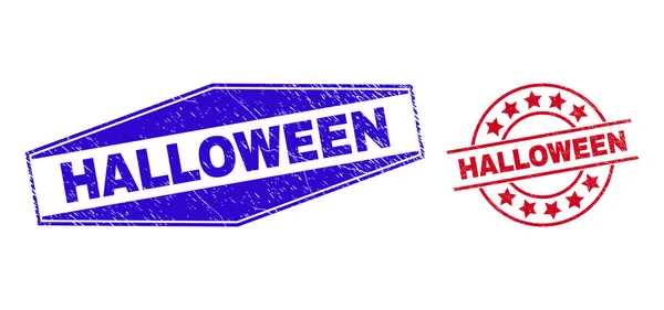 Sellos de sello sucio HALLOWEEN en formas redondas y hexágono — Vector de stock