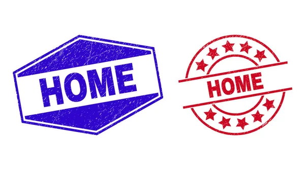 Selos de selo Grunge HOME em formas redondas e hexagonais — Vetor de Stock