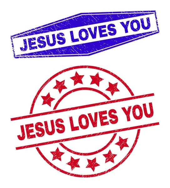 Jesus älskar dig Korroderade märken i runda och sexkantiga former — Stock vektor