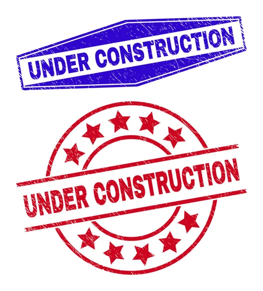 UNDER CONSTRUCTION เครื่องหมายน้ําเสียในรูปทรงกลมและหกเหลี่ยม — ภาพเวกเตอร์สต็อก