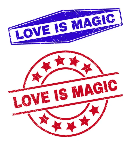 LOVE IS MAGIC Grunge Vodoznaky v kulatých a šestiúhelníkových tvarech — Stockový vektor