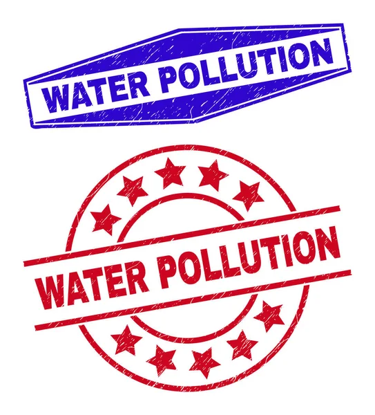 WODA POLLUTION Korozyjne znaki wodne w formach okrągłych i sześciokątnych — Wektor stockowy