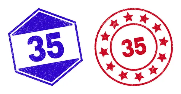 35 Grunge pečetí v kruhových a šestiúhelníkových tvarech — Stockový vektor