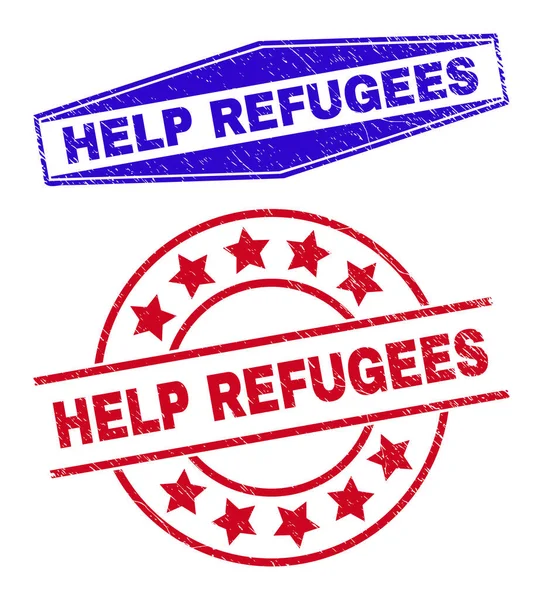 HELP REFUGEES Corroded Badges in Round and Hexagon Forms — стоковий вектор