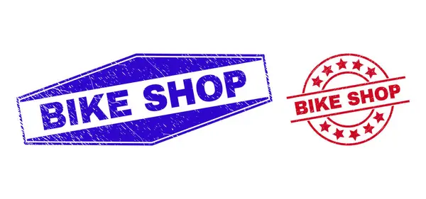 BIKE SHOP Onreine Badges in ronde en zeskantige vormen — Stockvector