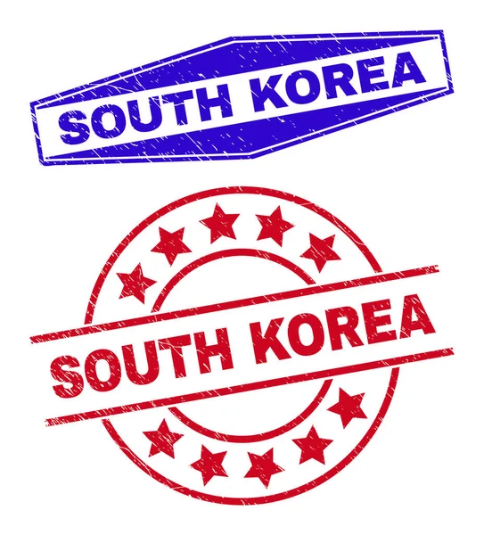 SOUTH KOREA Grunged Stamps em formas circulares e hexagonais —  Vetores de Stock